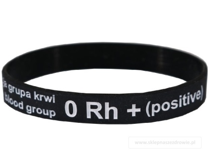 18cm Opaska, bransoletka silikonowa z grupą krwi 0 Rh+(dodatni) rozmiar 18cm